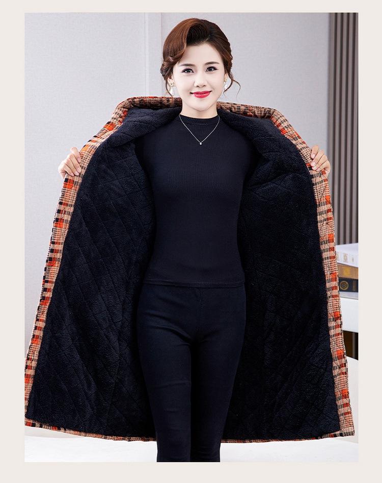 Women's Mid-length Plaid Cotton Coat - Velvet-lined, Thickened for Autumn/Winter
