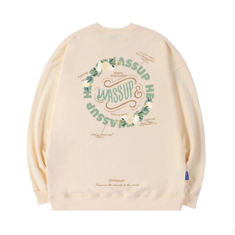 Wassup Rose Circle Letter Trendy Brand Crew Neck Sweatshirt for Men, New Heavyweight Pullover Top for Couples in Spring and Autumn