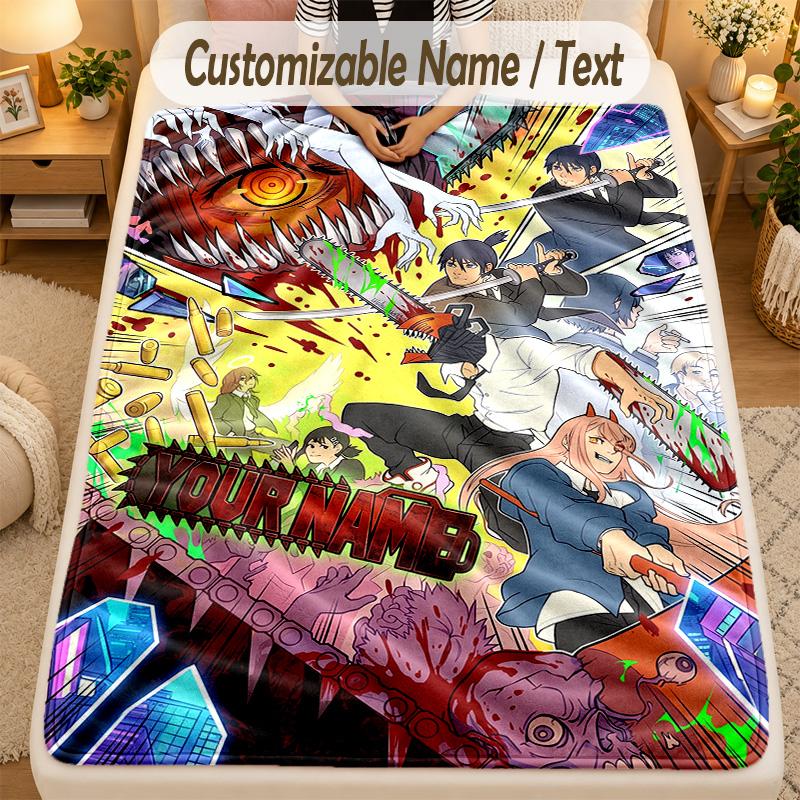 Flannel BlanketChainsaw Man Custom Name Text Personalized Soft Warm Throw Blanket Home Decor Gift