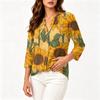 Women's Vintage Floral Print Henley Button Neck Three Quarter Sleeve Linen Cotton Shirt Casual Lightweight Blouse for Everyday Wear
