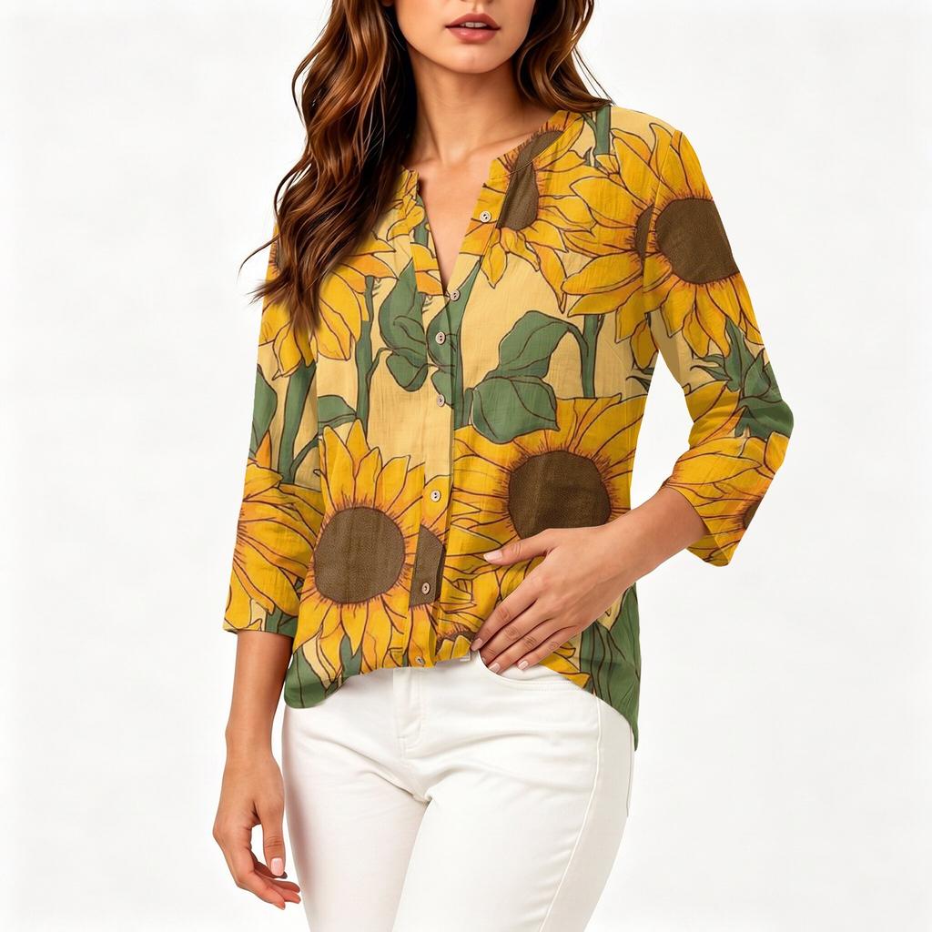 Women's Vintage Floral Print Henley Button Neck Three Quarter Sleeve Linen Cotton Shirt Casual Lightweight Blouse for Everyday Wear