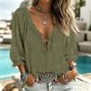 Women's Casual V-Neck Printed 3/4 Sleeve Blouse with Tie Front and Ruffled Trim