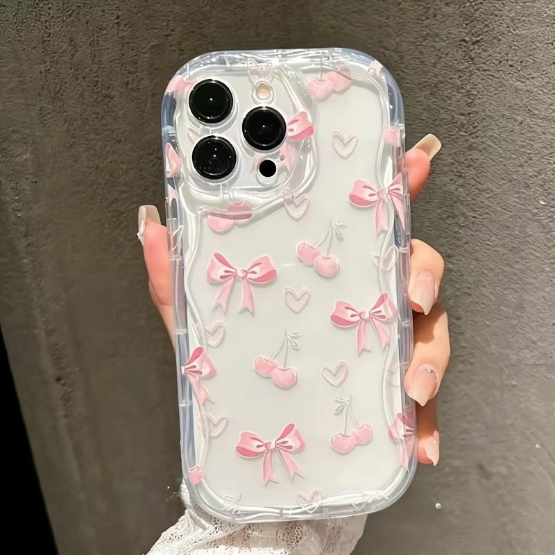 Pink Cherry Bowknot Pattern Wavy-edge Phone Case For iPhone 17 Pro Max 16 15 14 Plus 13 12 11 Pro Max 16e 17e Transparent Cover