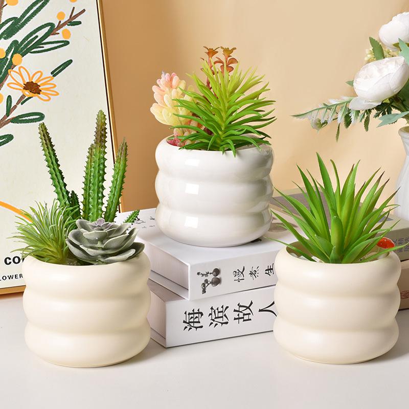 Ceramic Small Flowerpot Cream Colored Succulent Plant Pot Desktop Green Plant Potted Decoration Ins Style Home Ornament Decor