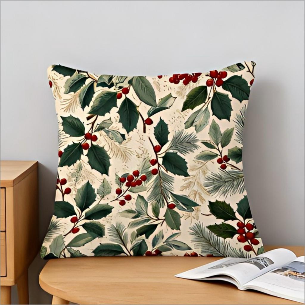 Double Sided Christmas Holly Berry Pillow Cover Vintage Green Red Leaves Print Soft Throw Pillow Case For Holiday Home Decor