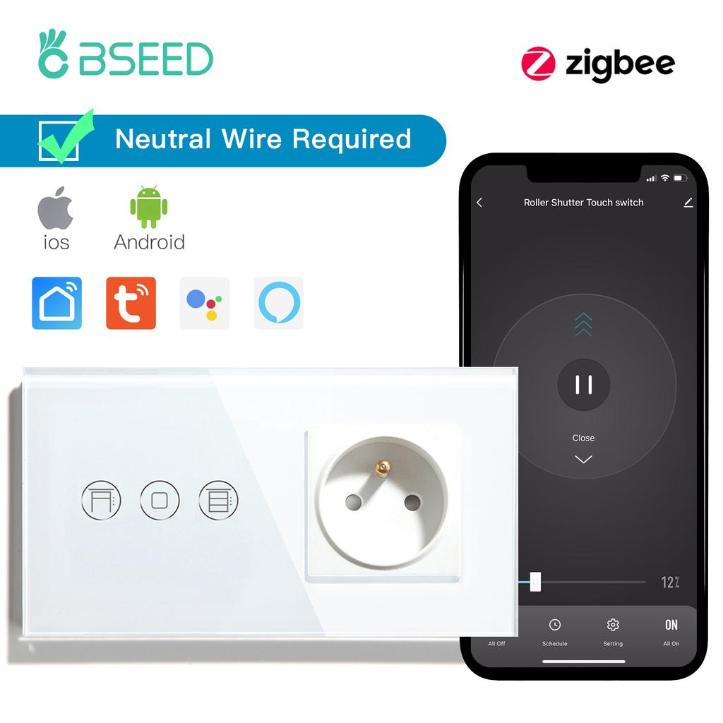 BSEED Zigbee Smart Roller Shutter Switches Light Blinds Switch Tuya Smart Life Plus French Wall Sockets USB Type-c Glass Panel