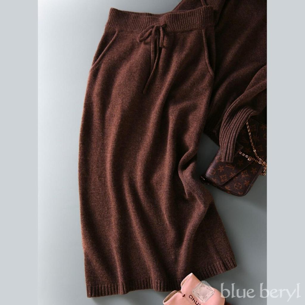 Blue Beryl Knit Pullover Long Round Women's Set, Midi-Length, I-Line, Sleeves, Neck, Brown, BB026-BR-M