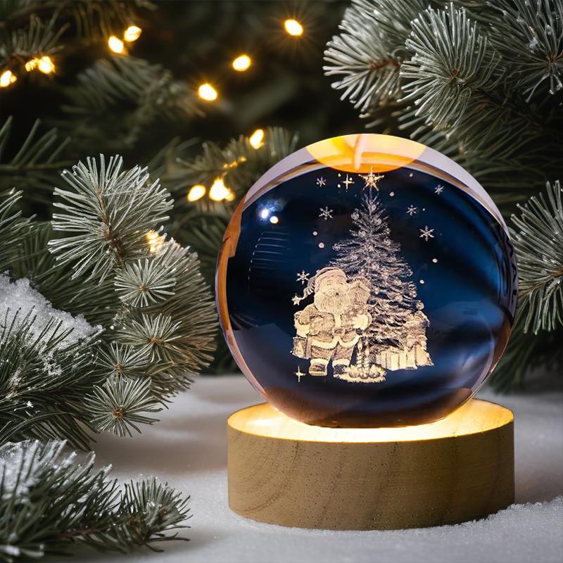 USB 3D Crystal Ball Night Light Engraved Santa Claus Snowman Globe LED Glass Sphere Wooden Base Birthday Gift Home Decorations