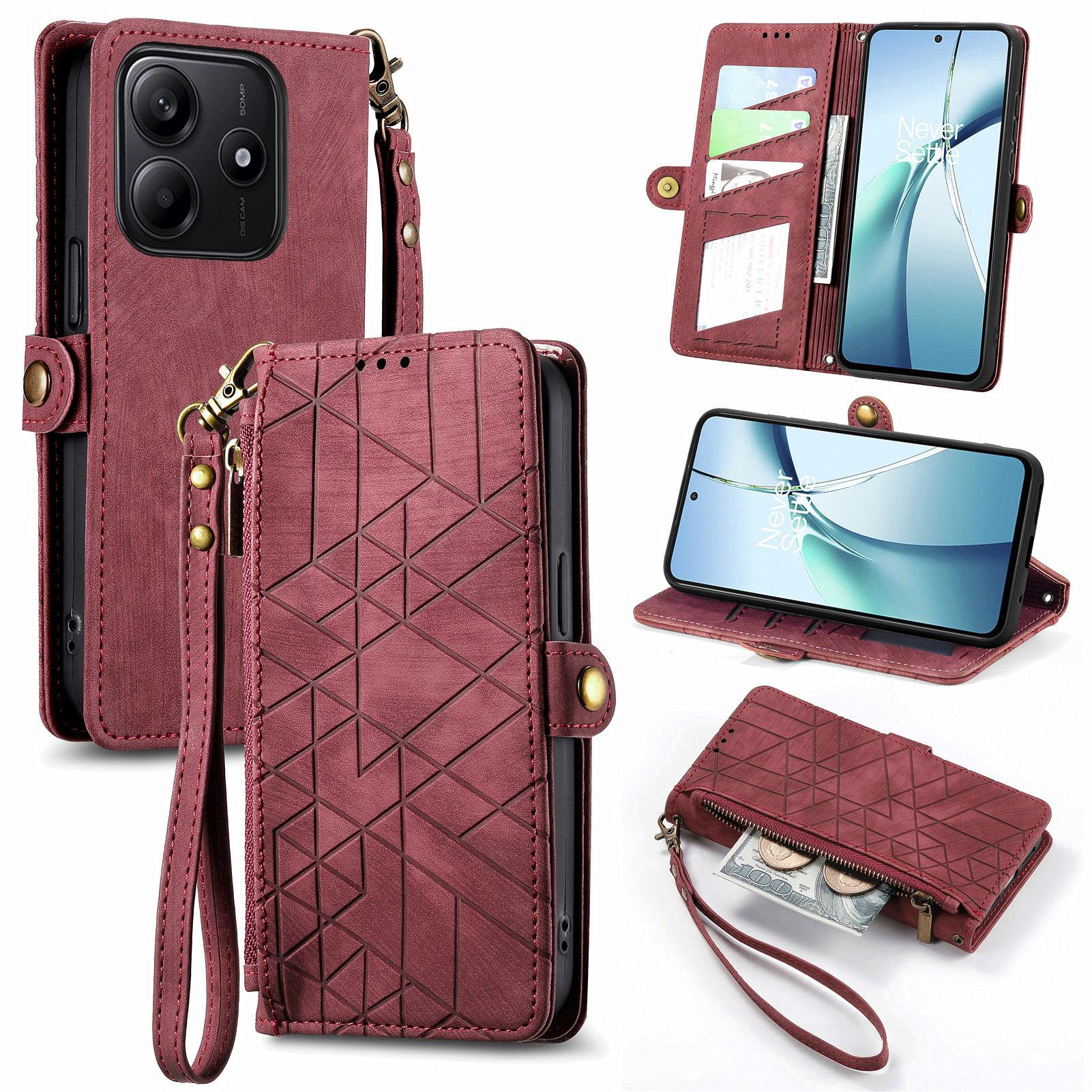 

For Xiaomi Redmi Note 14 5G Case Zipper Wallet Geometry Lines Leather Phone Cover Red