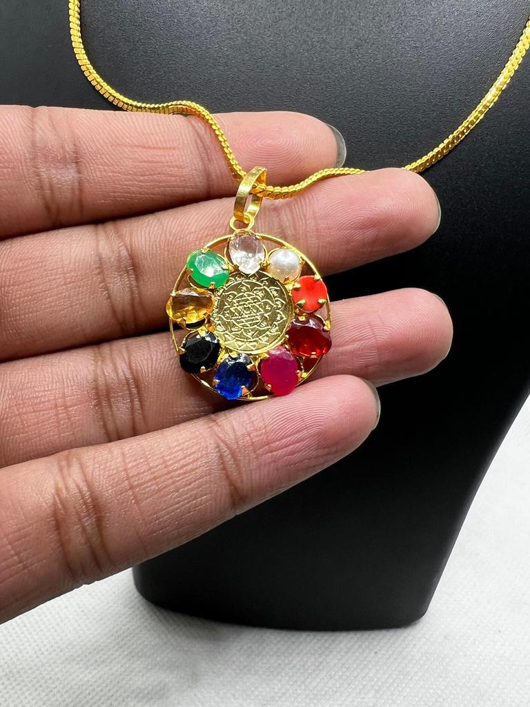 Traditional  Multicolor Nine Gemstone Navratna Pendant, Gemstones and Yantra Symbol, Protective Jewelry, Gift for Men's and Women's