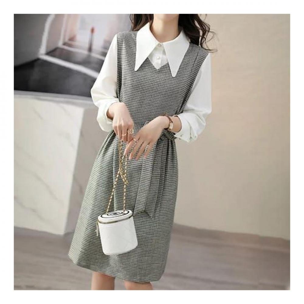 Navava Women Check Two In One Long Sleeve Shirt Dress No738