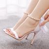 Summer New Brand Ankle Strap Sandal String Bead PU 10.5CM Thin Heels Buckle Strap Wedding Dress Women's Shoes Champagne