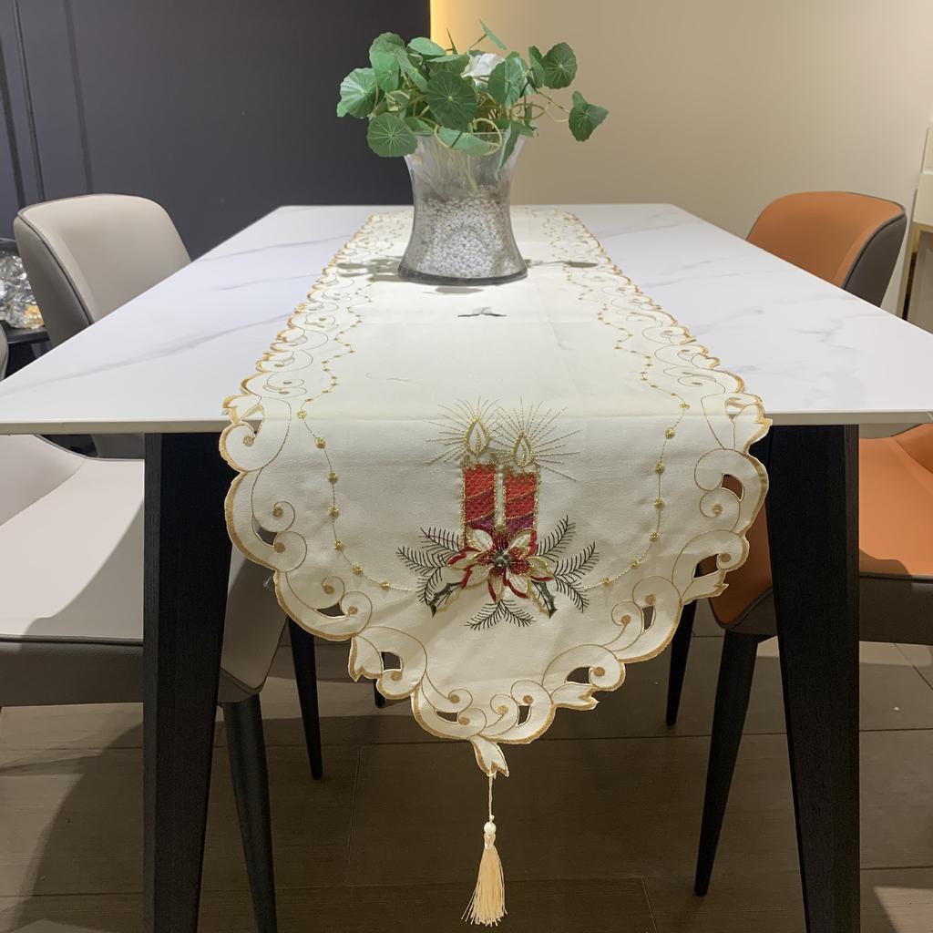 Christmas Table Flag Embroidered Candle Pattern Dining Table Tv Cabinet Long Tablecloth Table Flag