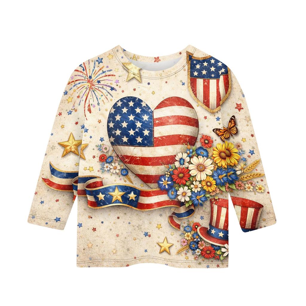 Children's Independence Day Printed Round Neck Seven Quarter Sleeve Casual T-shirt