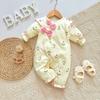 2026 Baby Romper zonder Voetjes - Pasgeboren tot 12M Geel Bloemen Outfit