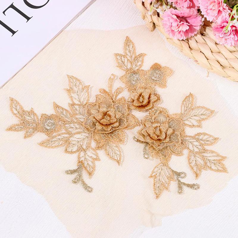 2Pcs Flower Embroidered Trim Lace Applique Fabric Craft Sewing Motif Dress Decoration Wedding Bridal DIY Patches Hollowed Out