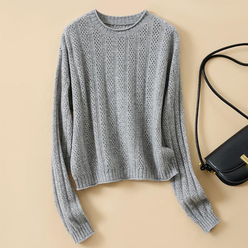 Women s 100% Merino Wool Vertical Stripe Hollow-out Pullover Sweater F