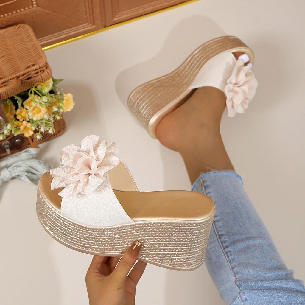 Fashion Aphixta Gold Sole Wedge Heels Slippers 9cm Super High Flower Mulers 4cm Platform Sandals Clog Shoe Slides Plus Size 43