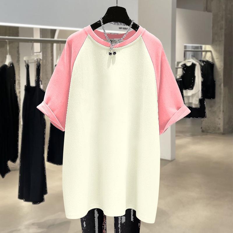 220g Pure Cotton Summer New Large Version Loose Contrasting Rag-sleeved Short-sleeved T-shirt for Women
