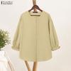 ZANZEA Women Casual Round Neck Solid Color Loose 3/4 Sleeve Blouse