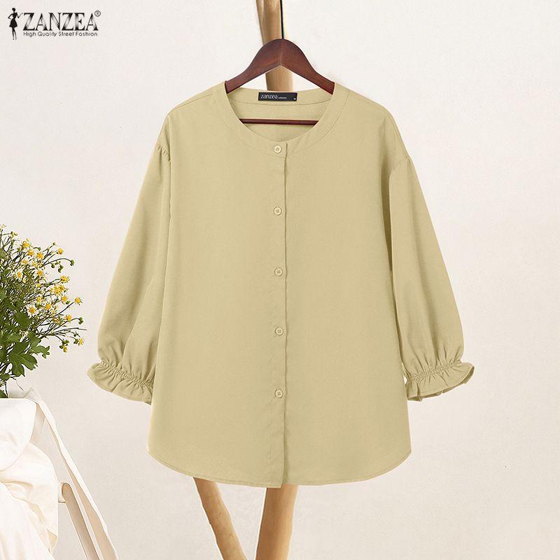ZANZEA Women Casual Round Neck Solid Color Loose 3/4 Sleeve Blouse