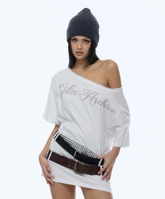 Gillaakaibeu Square Stud Belt One Shoulder T-Shirts_White