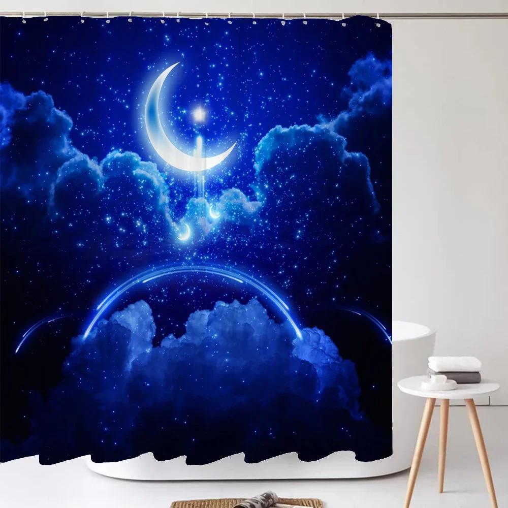 Starry Space Shower Curtain Blue Galaxy Shower Curtains Nebula Waterproof Polyester Fabric for Bathtub Bath Room Decor with Hook