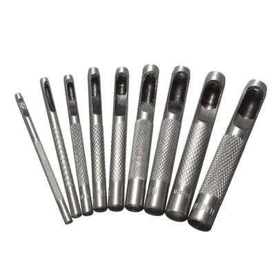 Hollow Punch Tool Kit 9 Piece Set for Leather Gasket and Sheet Metal Carbon Steel Punches with Easy Grip Knurled Handles