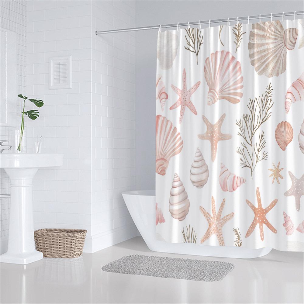 1pc Seashell & Sea Creatures Shower Curtain - Soft Watercolor Marine Life Design with Starfish, Scallops, Conchs & Seahorses