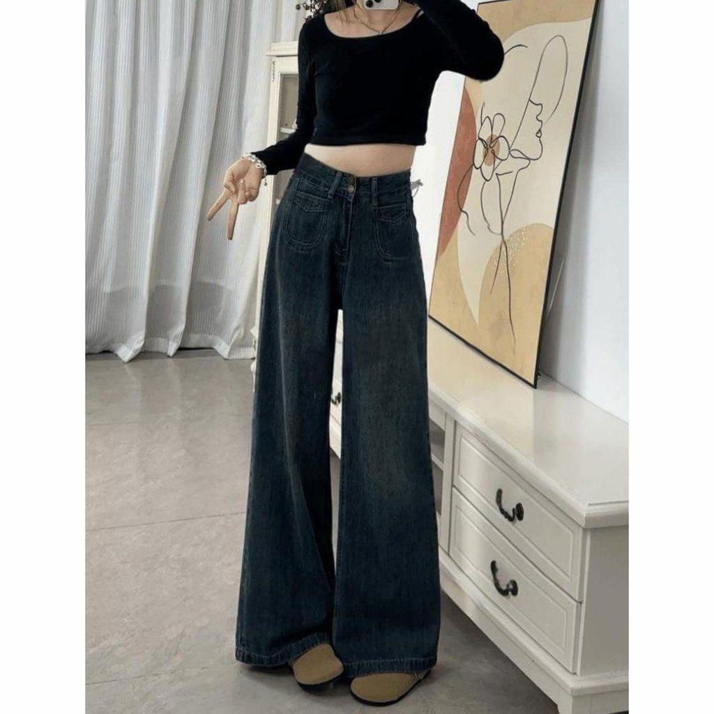 Damskie dżinsy z szerokimi nogawkami: Wyściełany aksamitem, z wysokim stanem, plus size, wyszczuplający, luźny, do podłogi - Jesień/Zima 2024.