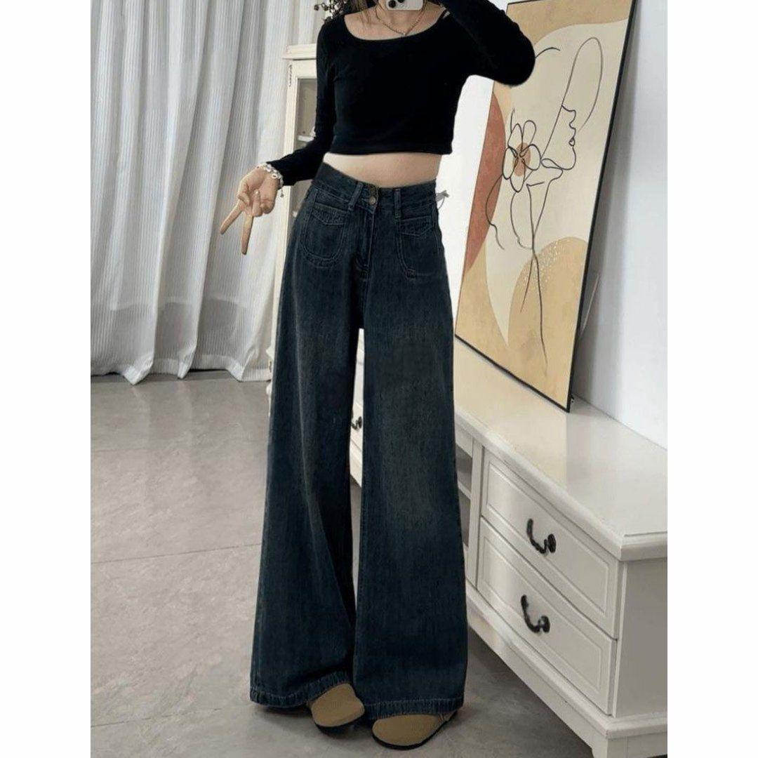 

Женские джинсы широкого кроя: Бархатная подкладка, Завышенная талия, Большой размер, Стройнящий, Свободный, В пол - Осень/Зима 2024. S