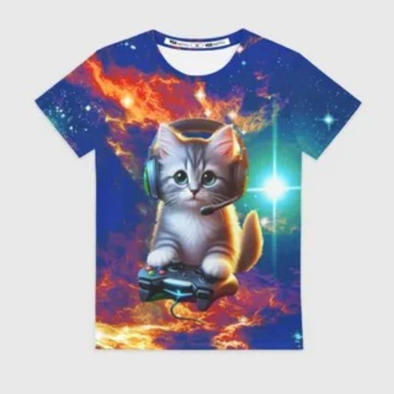 Children's Cartoon Kitten Print Cute Multi-color T-shirts Girls Fashionable Soft Comfortable T-shirt