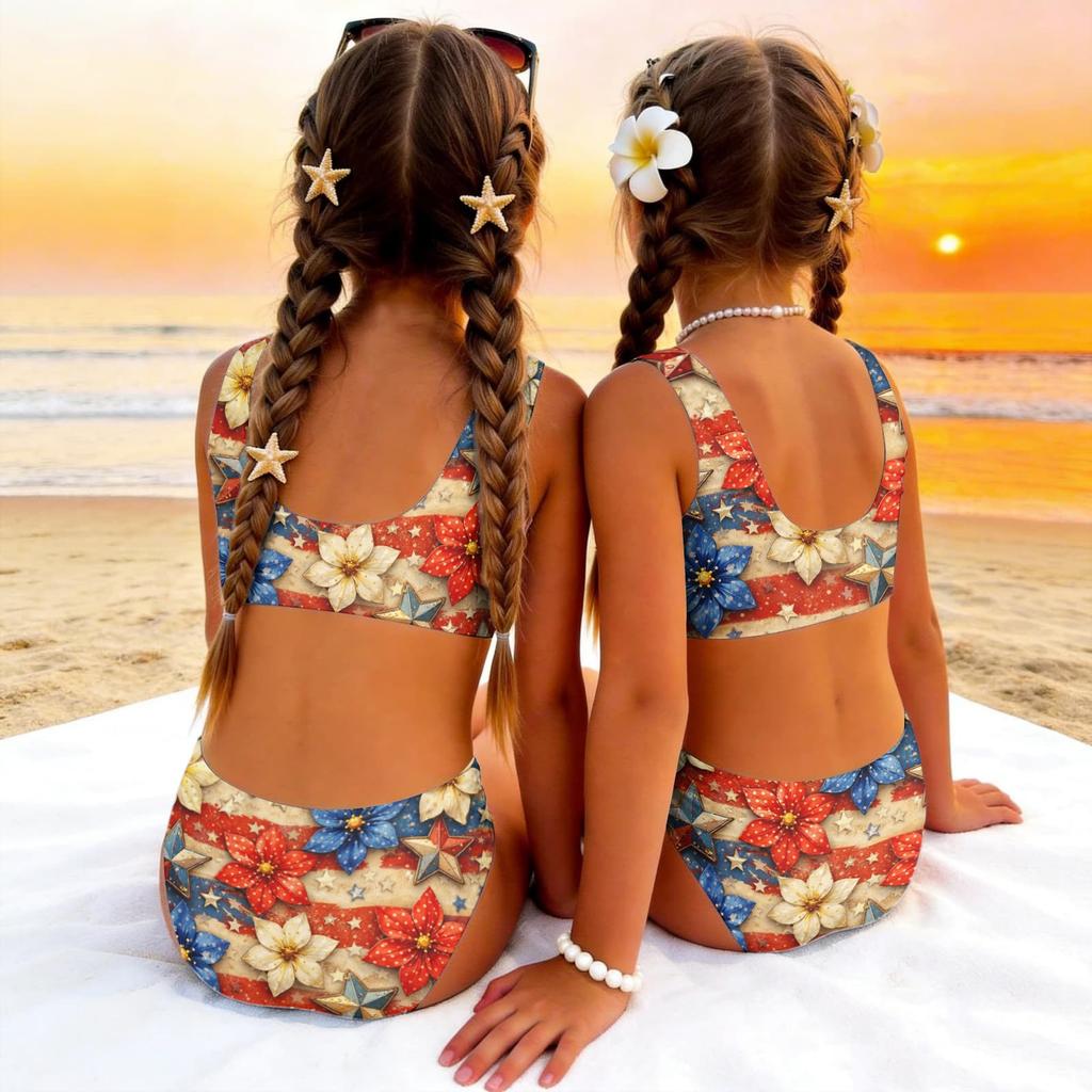 Conjunto de Bikini de Dos Piezas para Niñas, Top Tankini y Braguita, Ropa de Baño de Verano para Niños, Traje de Baño con Estampado del Día de la Independencia