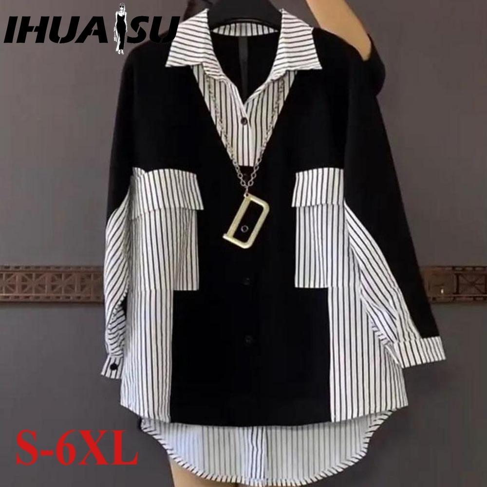 

IHUASU Женские модные повседневные блузки и рубашки с длинным рукавом и воротником поло XXXXXXL чёрный/белый