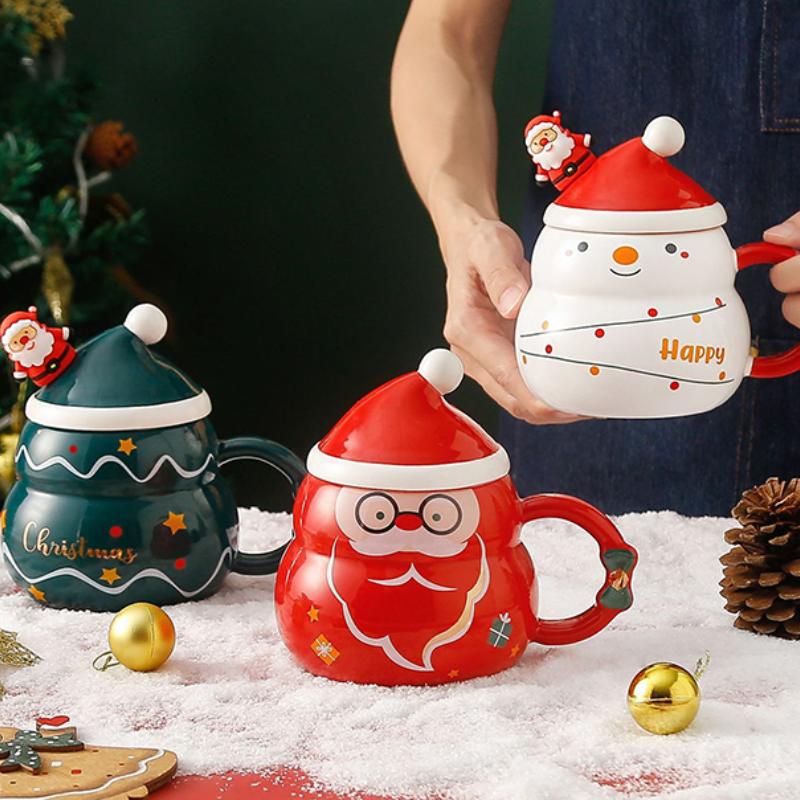 Vánoční hrnek s lžičkou, dárková sada, vánoční stromeček, keramický hrnek na kávu a mléko, vánoční dekorace na pití, párty