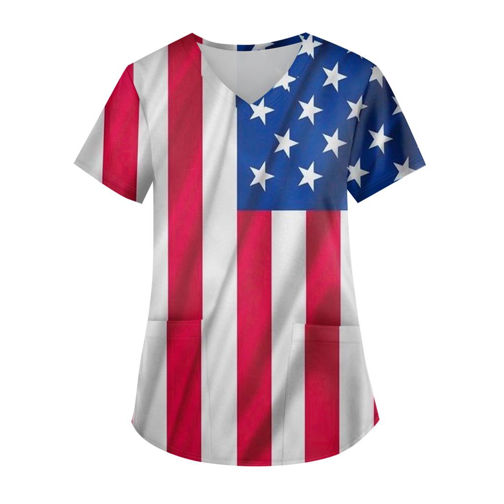 Ladies' Independence Day printed fashionable V-neck pocket short sleeved uniform and caregiver top