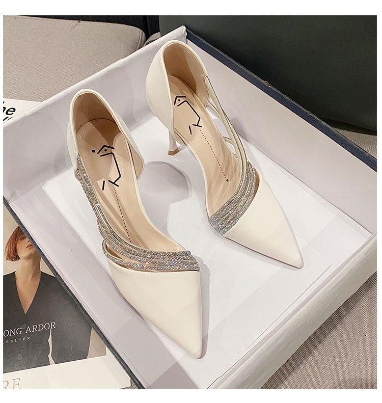 

Женские летние феи модные туфли на шпильках с высоким каблуком, новые заостренные носки из искусственной кожи со стразами, модные босоножки на каблуке для женщин 36