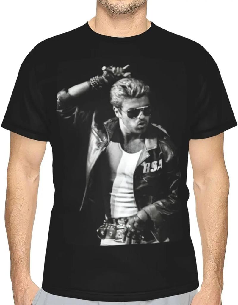 George Music Michael Shirt Men's Fashion Breathable Full Print Casual Round Neck Short Sleeve T-Shirt Top Black