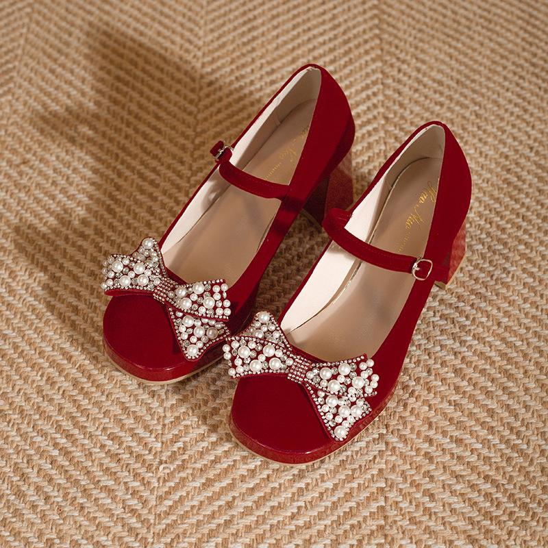 Chinese Xiuhe Wedding Shoes Women's 2025 New Wedding Dress Mary Jane Shoes Thick Heels Not Tired Feet Engagement Shoes Bride Shoes