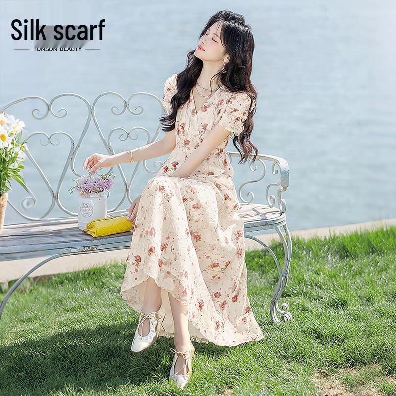 Women s Sweet V-Neck Floral Puff Sleeve A-Line Maxi Dress