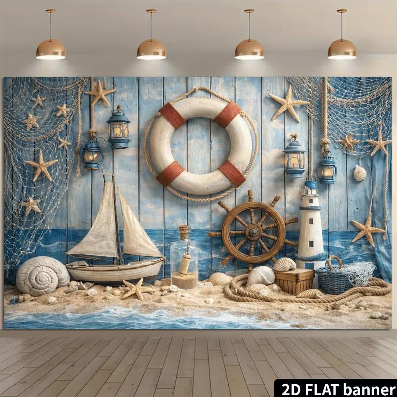 2D Nautical Beach Photo Backdrop Coastal Party Decor Cloth