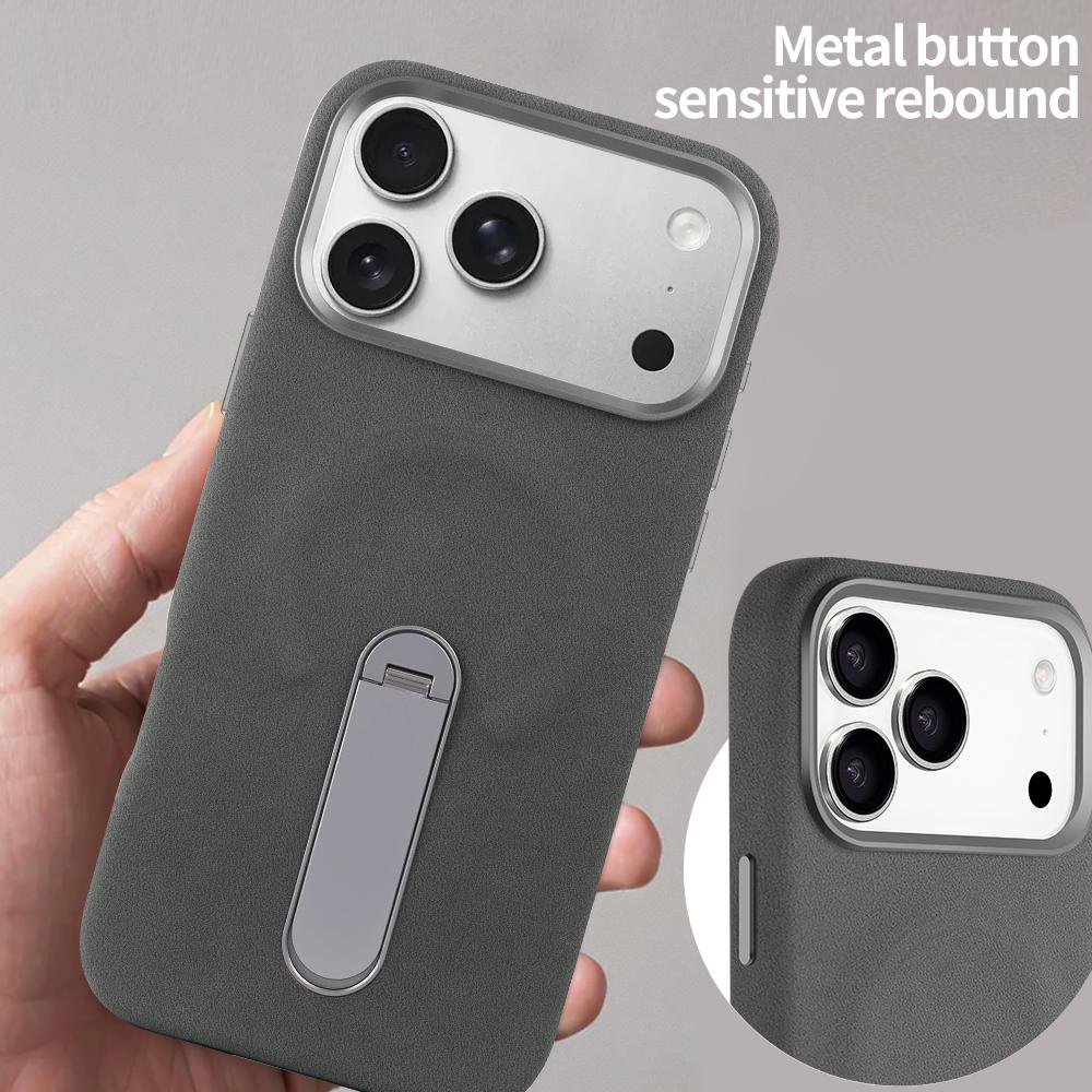 Suede PU Leather Magnetic Phone Case for iPhone 17 pro with 360° Rotatable Metal Holder Compatible with iPhone 17/16/15 Pro Max