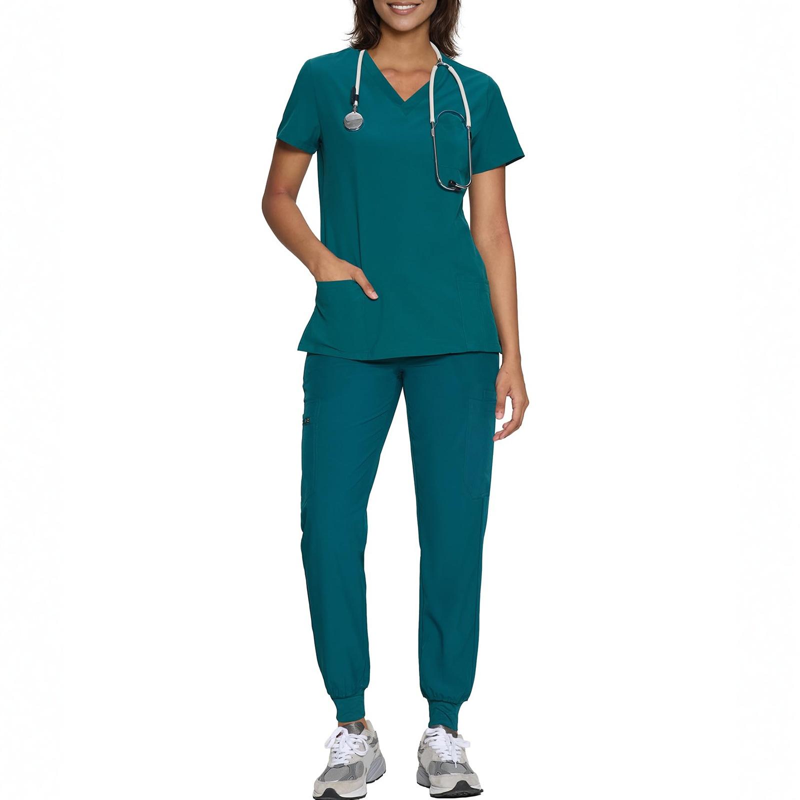 

Women s Short Sleeved Color Round Neck Pocket Top Pants Work Clothes Two Piece Set XL