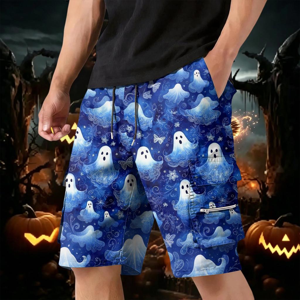 Men's Halloween Cargo Shorts Multi Pocket Drawstring Waist Casual Workwear Shorts with Zippered and Flap Pockets for Outdoor Activities