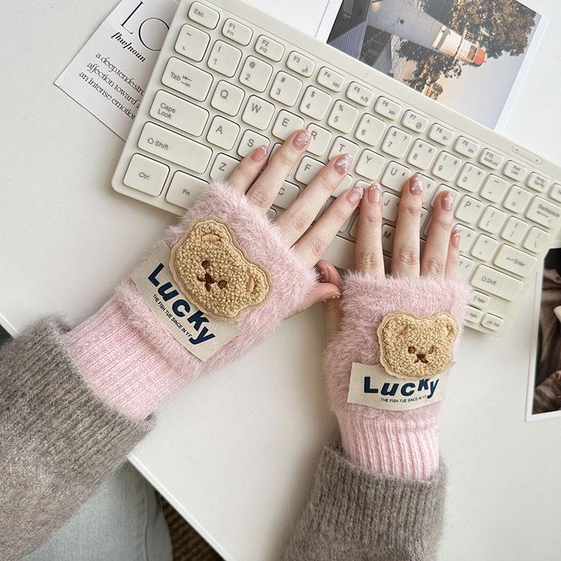 

New Lucky Bear Student Gloves Cartoon Half-finger Gloves Warm and Cold-proof Plush Writing and Playing Mobile Phone Gloves One Size