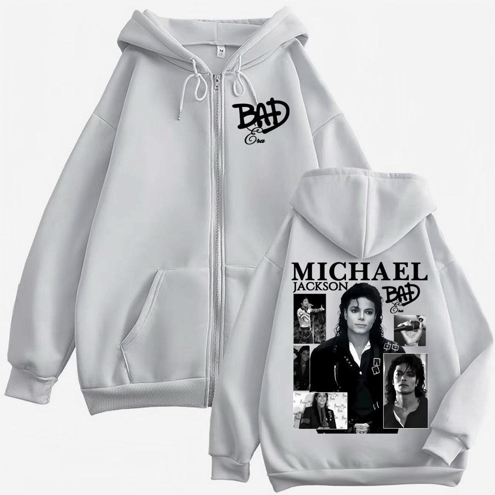 Re del Pop Michajackson Era Bad Felpa con Cappuccio e Zip Uomo Donna Harajuku Streetwear Giacca Felpa Pile Casual Zip-Up Pullover