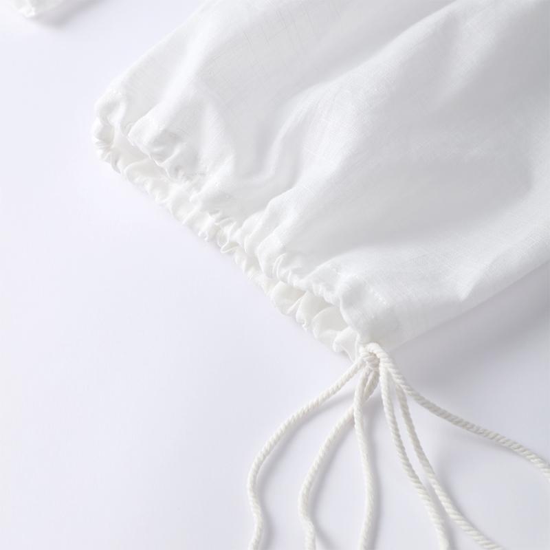 Damen-Shorts-Set aus Baumwolle und Leinen, einfarbig, lockerer V-Ausschnitt, Laternenärmel, Schnürhemd, Shorts mit elastischer Taille, Harajuku, täglicher zweiteiliger Sommer