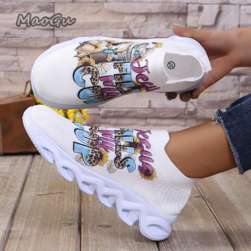 Letters Floral Print Platform Sneakers for Women Knitting Casual Sports Shoes Woman Non Slip Breathable Running Shoes