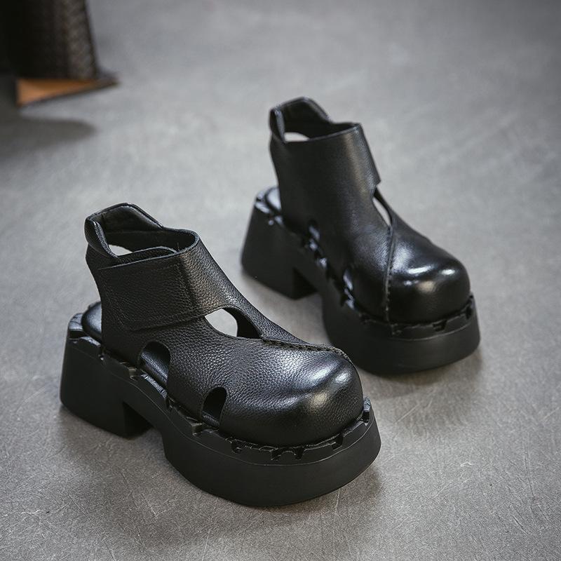 Johnature Echte Leder Höhe Steigernde Dicke Sohle Sandalen Runde Zehen Damen Plateau Schuhe