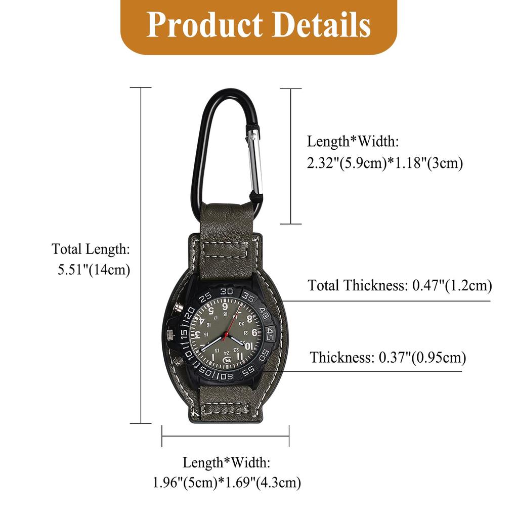Clip Watch Carabiner Watch Watch Genuine Leather Analog Display Carabiner Watch Keychain Watch Replaceable Strap Quartz Watch Clip Watch Outdoor